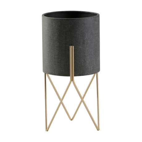 Gallery Direct Hovvane Planter on Stand in textured dark grey with a slim gold-toned metal frame featuring crossed X-shaped legs, on a white background.