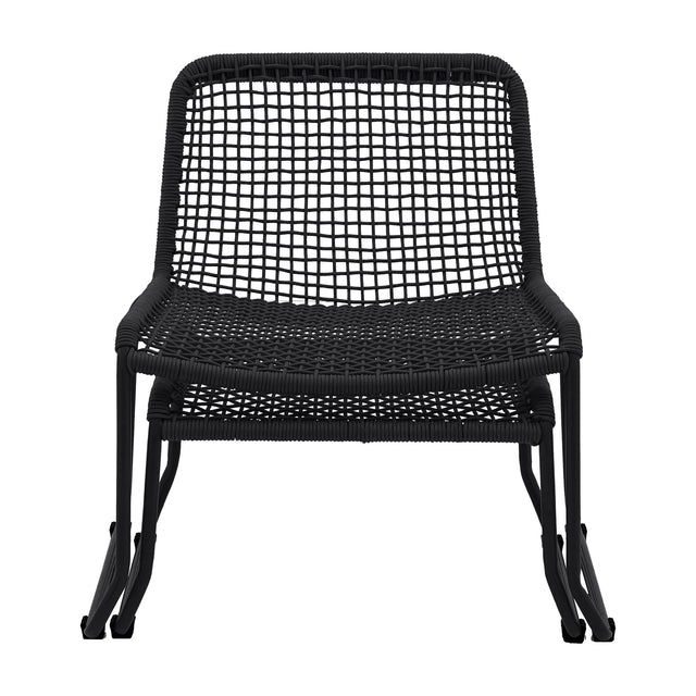 Gallery Direct Sassvorne Rope Lounge Chair in black, front view showing hand-woven rope seat and back on a powder-coated steel sled base.