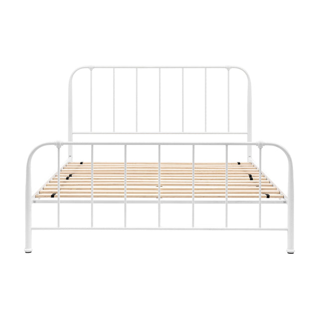 Gallery Direct Louvane Metal Bed Frame in ivory with arched headboard, slim vertical bars, rounded posts and wooden slats on a white background.