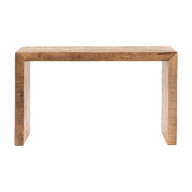 Gallery Direct Iovane Waterfall Console Table in natural mango wood with a continuous top-to-leg silhouette and textured grain, on a white background.