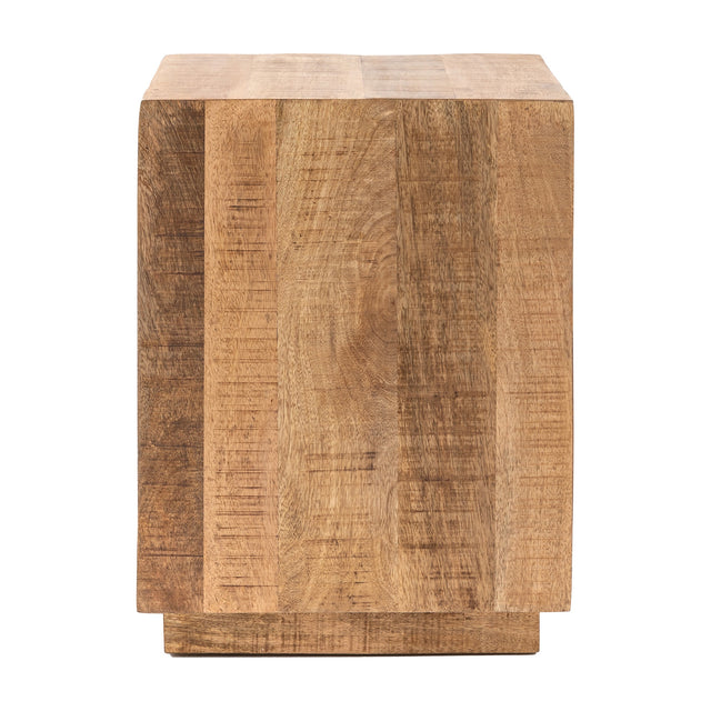 Gallery Direct Iovane Solid Block Side Table in natural mango wood, square block form with recessed plinth base and cross-hatch carved texture.