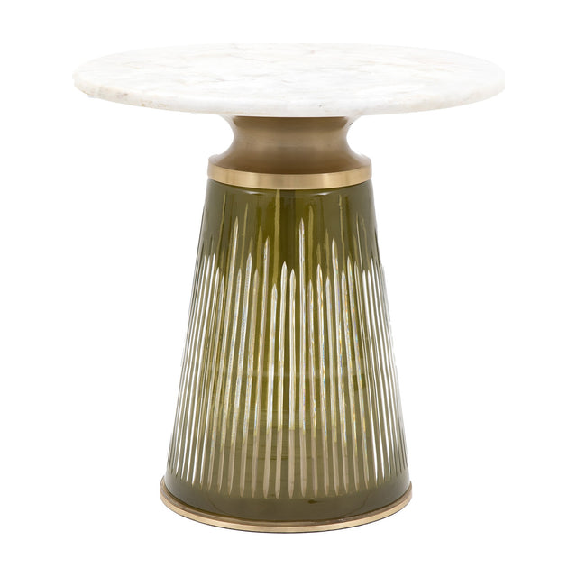 Gallery Direct Sevorne Side Table with round white marble top, brushed brass collar, and tapered ribbed green glass base on a plain background.