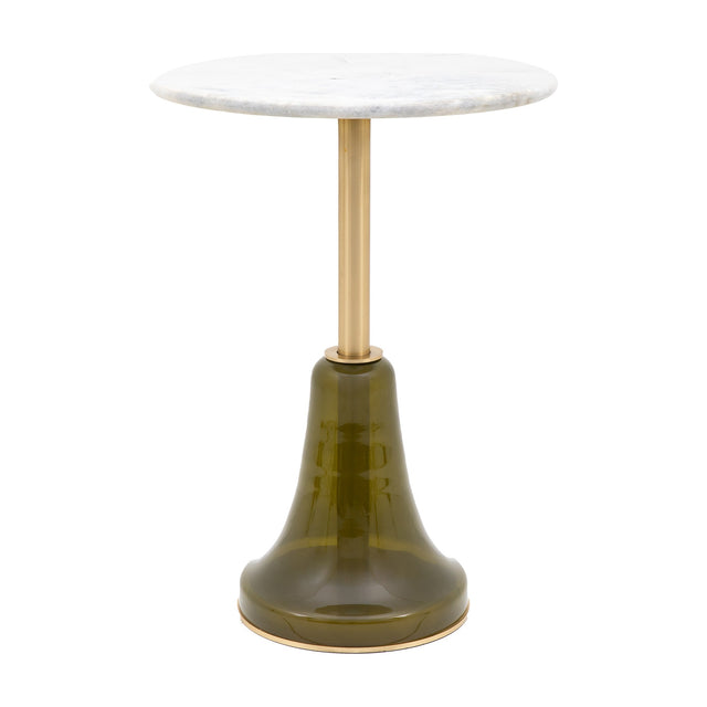 Gallery Direct Bilvane Side Table with round white marble top, slim brass stem, and olive-toned moulded glass bell-shaped base on a plain background.