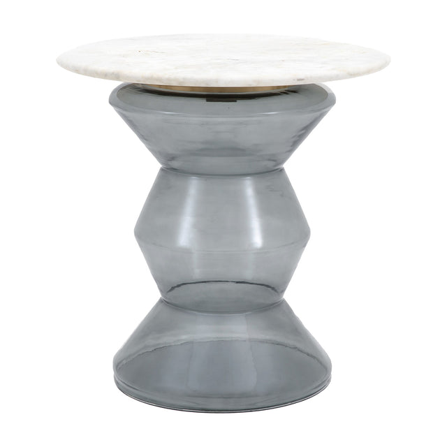 Gallery Direct Turvane Side Table with round white marble top on a shaped smoke grey moulded glass pedestal base, shown on a white background.