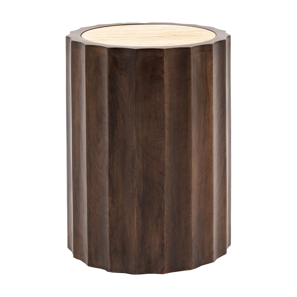 Cascia Fluted Side Table with Travertine Top – Dark Wood