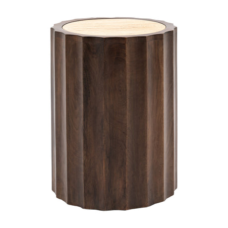 Cascia Fluted Side Table with Travertine Top – Dark Wood