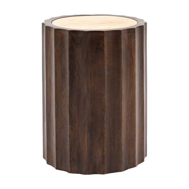 Cascia Fluted Side Table with Travertine Top – Dark Wood