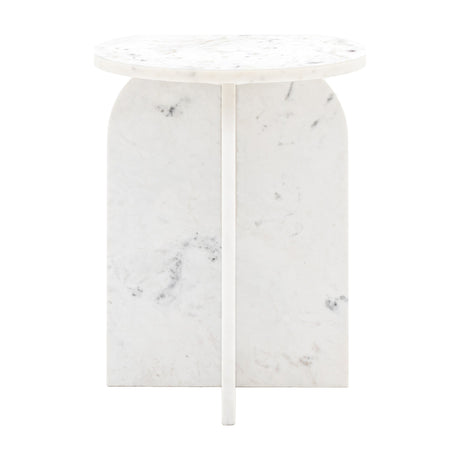 Gallery Direct Amrisse Marble Side Table in white with a round polished top and two crossed arched slab base, shown on a plain background.