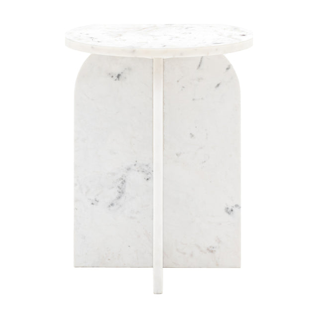 Gallery Direct Amrisse Marble Side Table in white with a round polished top and two crossed arched slab base, shown on a plain background.