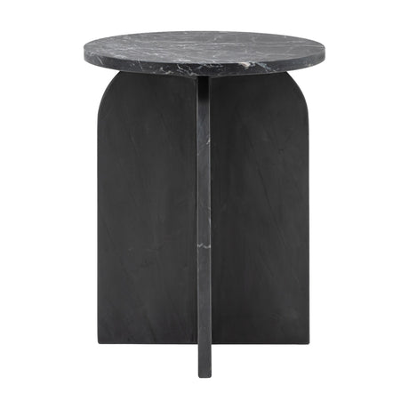 Gallery Direct Amrisse Marble Side Table in black with a round polished top and sculpted arched crossed base, shown on a plain white background.