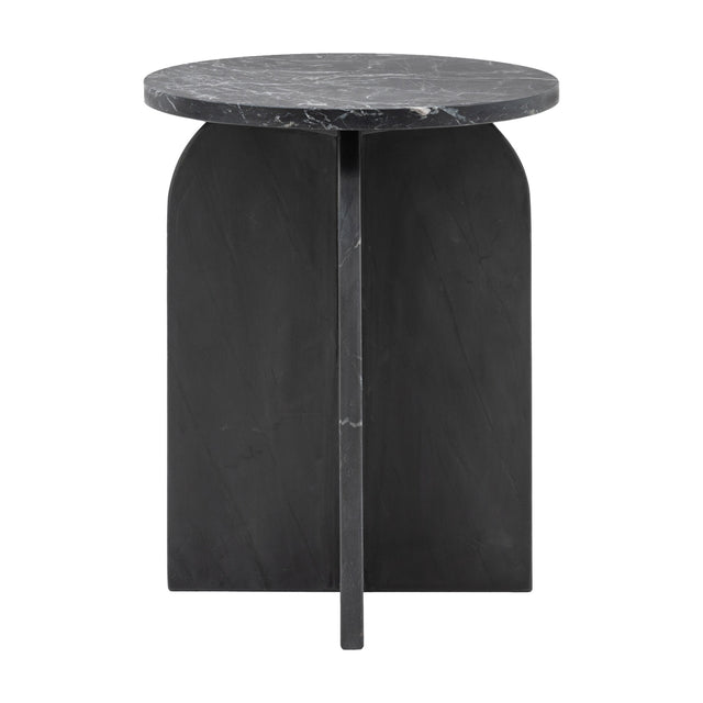 Gallery Direct Amrisse Marble Side Table in black with a round polished top and sculpted arched crossed base, shown on a plain white background.