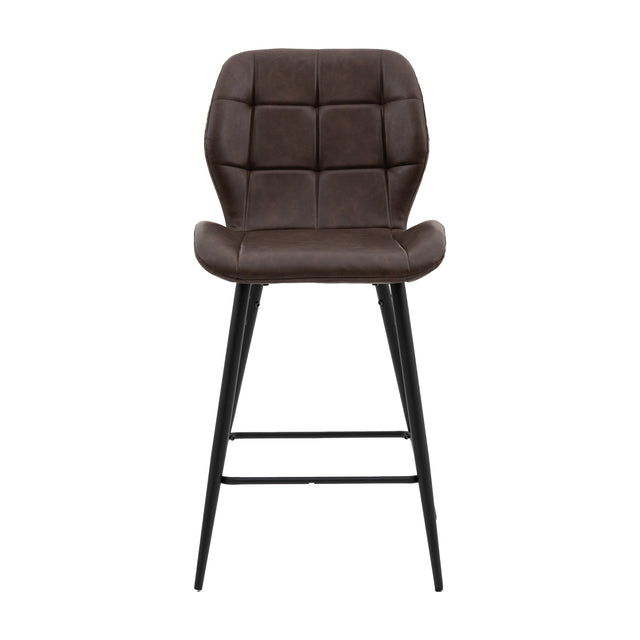Gallery Direct Manvorne bar stool in brown quilted upholstery with high back, scooped seat, tapered black metal legs and footrest on white.