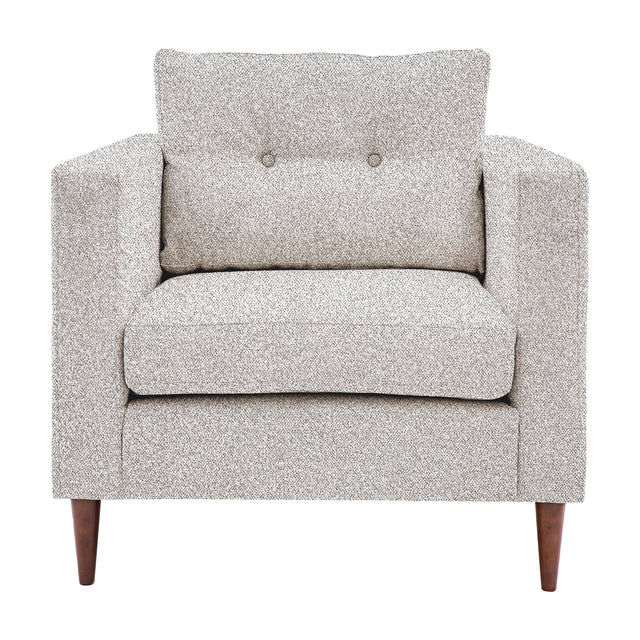 Gallery Direct Whitwenne Armchair in textured light grey chenille-style fabric with button-detailed back, deep seat cushion and tapered mid-brown wooden legs.