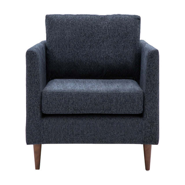 Gallery Direct Gatevorne Armchair in charcoal chenille-style fabric with sloped arms and tapered dark wood legs, shown on a plain white background.