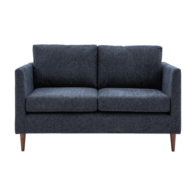 Gallery Direct Gatevorne 2 Seater Sofa in charcoal chenille-style fabric with squared arms, twin cushions and tapered wooden legs on a white background.