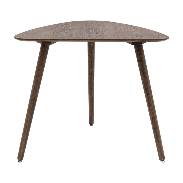 Gallery Direct Hatvenne Dining Table with rounded triangular smoked oak veneer top and three splayed tapered wood legs on a plain white background.