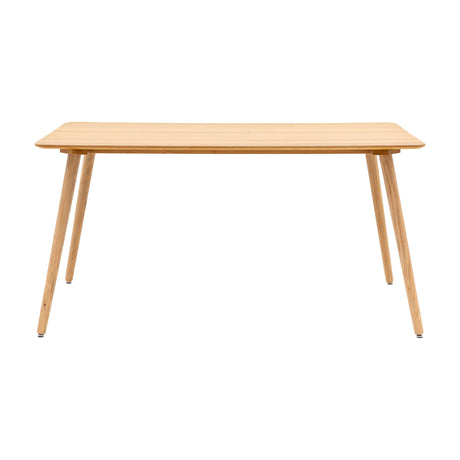 Gallery Direct Hatvenne Dining Table in natural oak with a rectangular top and four tapered splayed wooden legs, on a plain white background.