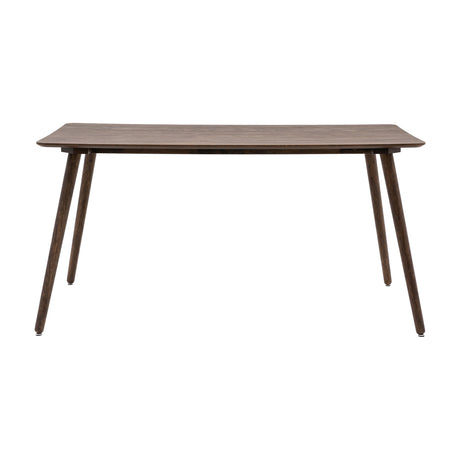 Gallery Direct Hatvenne Dining Table with rounded triangular smoked oak veneer top and three splayed tapered wood legs on a plain white background.
