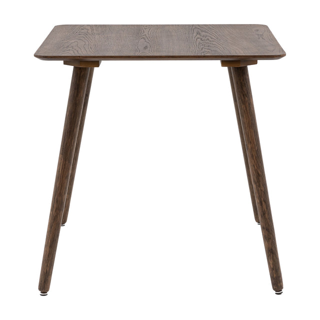 Gallery Direct Hatvenne Square Dining Table in smoked oak veneer with rounded corners and tapered splayed wooden legs, shown on a white background.