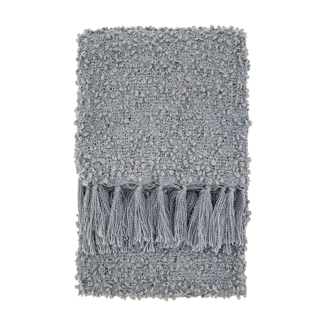 Gallery Direct Bolvane Textured Throw folded to show looped bouclé weave in grey with chunky knotted tassels along the end, on a white background.
