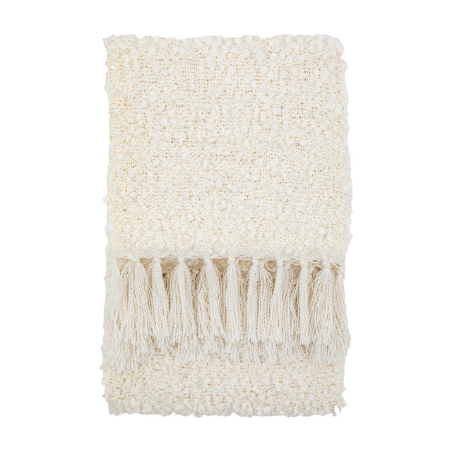 Gallery Direct Bolvane folded cream bouclé textured throw with chunky knotted tassels along the end, shown on a plain white background.