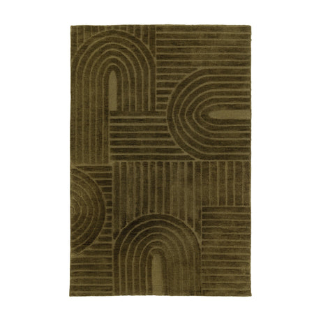 Gallery Direct Sasvane Geometric Arch Rug in green polyester with a high-low pile of curved arches and straight stripes on a white background.