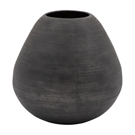 Gallery Direct Chatvane Artistic Aluminium Vase in matt black, bellied form with woven upper texture and hammered base, on a white background.