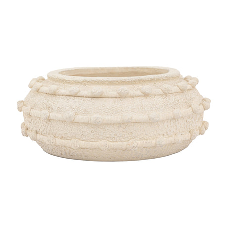 Gallery Direct Namvane cream textured bowl vase with rounded body, dotted surface and raised beaded bands, shown on a plain white background.