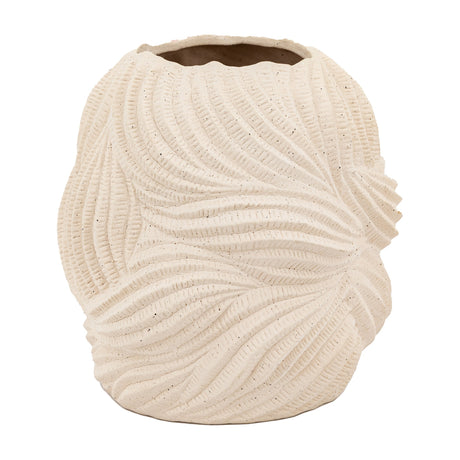 Laucvane Textured Ceramic Vase in stone by Gallery Direct, rounded off-white stoneware body with carved fan-pattern ridges and uneven rim.