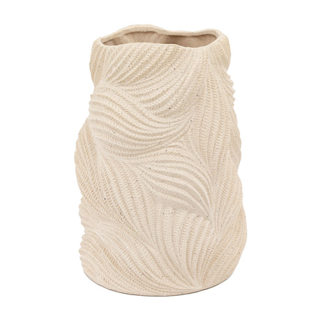 Gallery Direct Laucvane textured stoneware vase in speckled off-white with carved fan-ridge pattern and uneven organic rim, shown on a plain background.