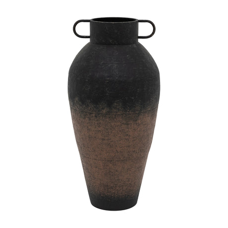 Gallery Direct Teivane tall metal floor vase with two looped handles, weathered two-tone finish fading from black to rust brown, on a white background.
