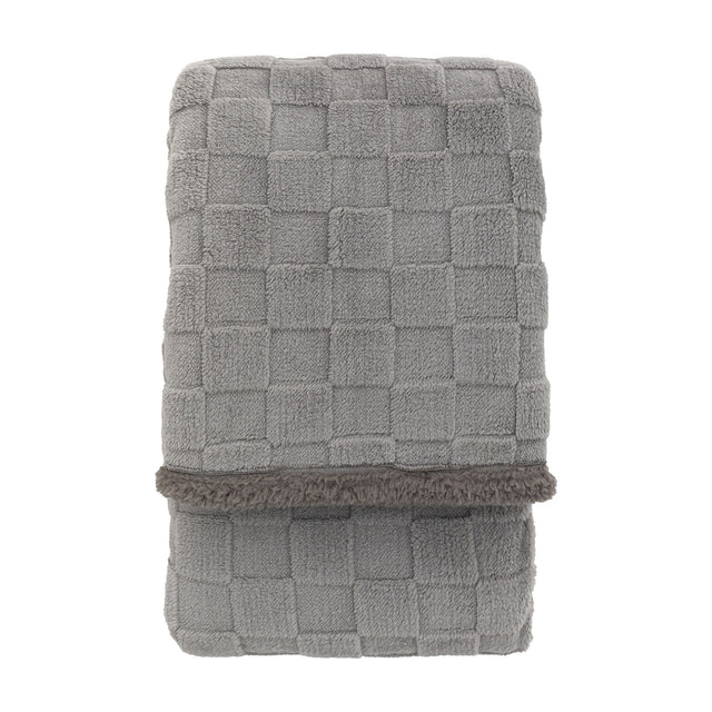 Gallery Direct Oakvane Checked Sherpa Throw folded to show grey checkerboard sherpa texture and contrast trim on a plain background.