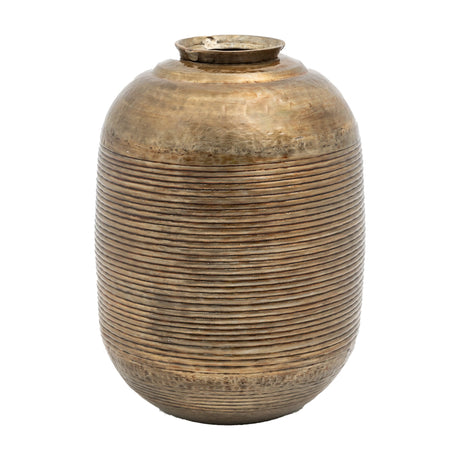 Gallery Direct Kasvane bronze metal vase with hammered shoulder, ribbed lower body and narrow lipped neck, shown against a plain white background.