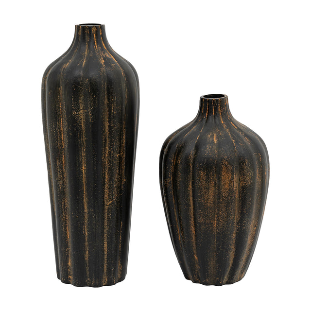 Alda Ribbed Metal Vase Set of 2 – Black