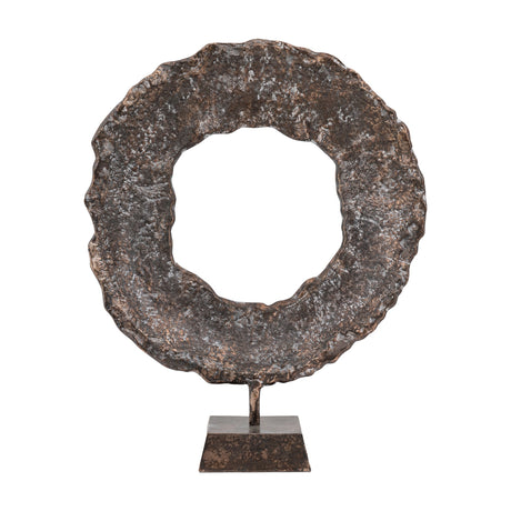 Gallery Direct Keovane Circle Sculpture in copper, a textured cast aluminium open ring on a slim stem and square base against a plain white background.