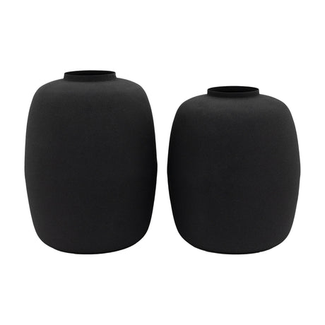 Gallery Direct Zivelle Vase Set of 2 in matt black iron, featuring two rounded barrel-shaped vessels with narrow necks in differing heights.