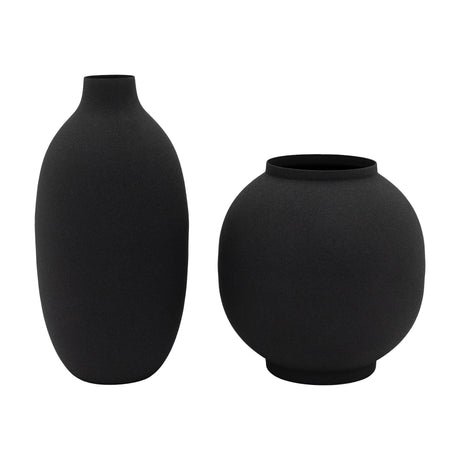 Gallery Direct Zivelle Vase Set of 2 in matt black iron, featuring a tall barrel-shaped vessel and a rounded squat vase on a white background.