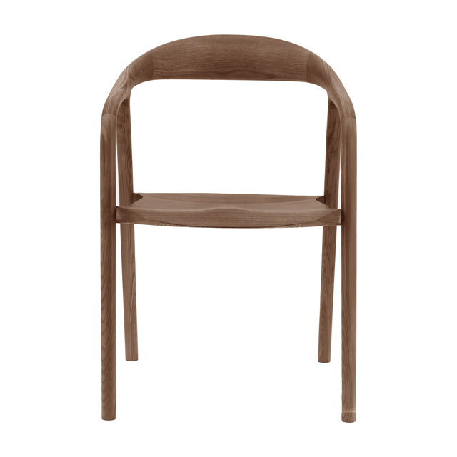 Gallery Direct Madrelle solid ash dining chair in walnut finish with curved backrest, bowed arms, dished seat and tapered legs on a white background.