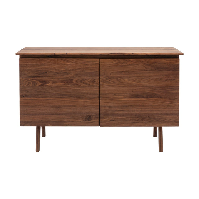 Gallery Direct Madrelle 2 Door Sideboard in walnut-toned oak with rounded top, two full-height cupboard doors and slim turned legs on a white background.