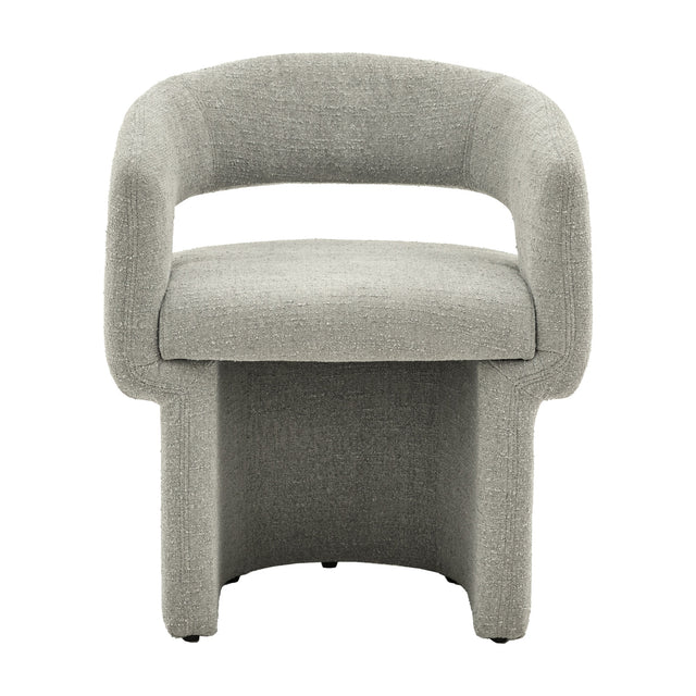 Gallery Direct Slonelle Dining Chair in neutral grey textured woven fabric, curved tub back with cut-out gap and sculptural legs, on a white background.