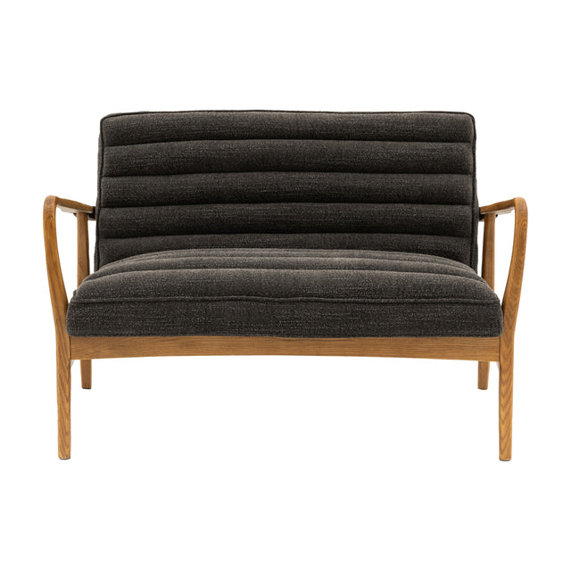 Gallery Direct Datvorne 2 Seater Sofa with channel stitched charcoal fabric upholstery and a solid oak frame with angled legs, on a white background.
