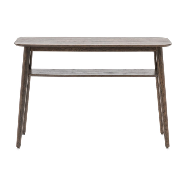 Gallery Direct Hatvenne Console Table with Shelf in smoked oak veneer with rounded top, tapered splayed legs and lower shelf, on a white background.