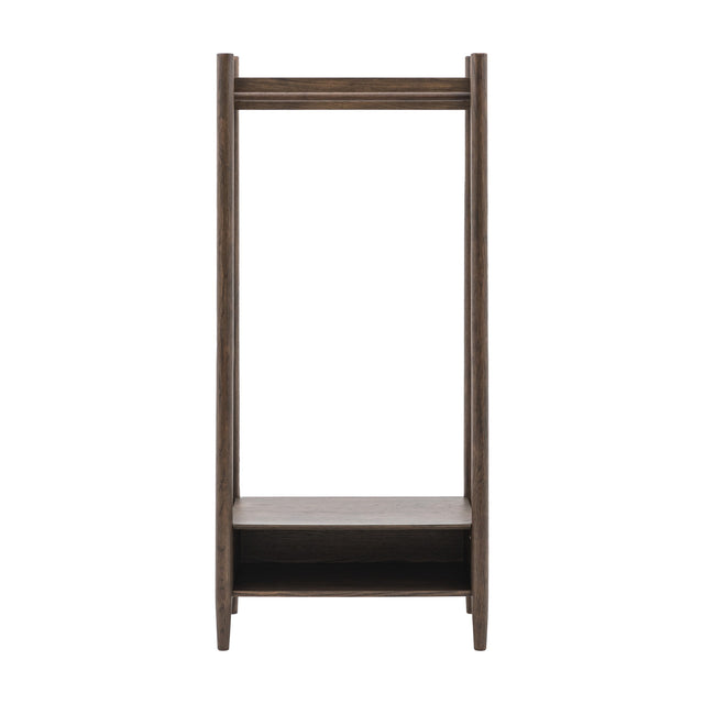 Hatvenne Open Wardrobe by Gallery Direct in smoked oak, freestanding clothes rail with top hanging bar, lower shelf and base compartment, on white.