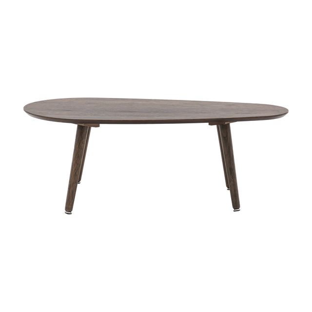 Gallery Direct Hatvenne Coffee Table with a rounded pebble-shaped oak veneer top in a smoked finish, raised on four angled solid wood legs.