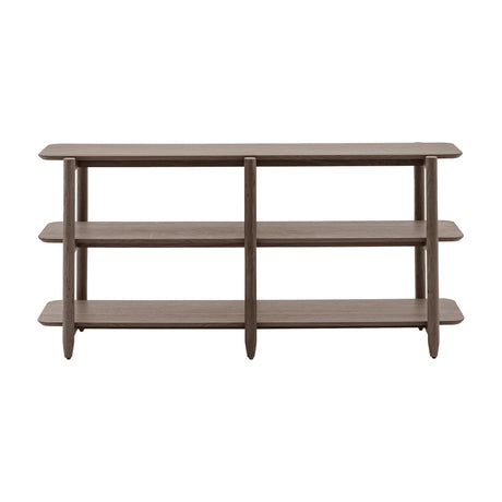 Gallery Direct Hatvenne low open display shelving unit in oak veneer with three tiers, tapered legs, and rounded edges, on a white background.