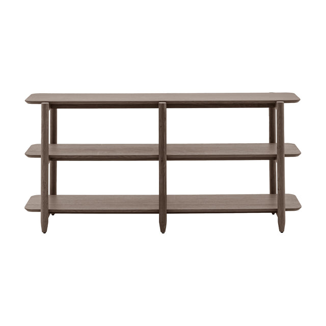 Gallery Direct Hatvenne low open display shelving unit in oak veneer with three tiers, tapered legs, and rounded edges, on a white background.