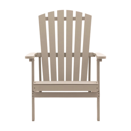 Gallery Direct Sienvane Wooden Adirondack Lounge Chair in taupe acacia with fan-shaped slatted back and wide flat armrests, shown on a white background.