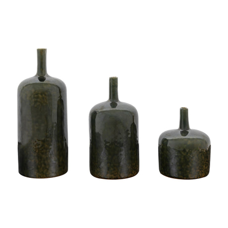 Gallery Direct Vorvane ceramic bottle vases set of 3 in graduated heights with green reactive glaze, glossy tops and speckled bases, on a white background.
