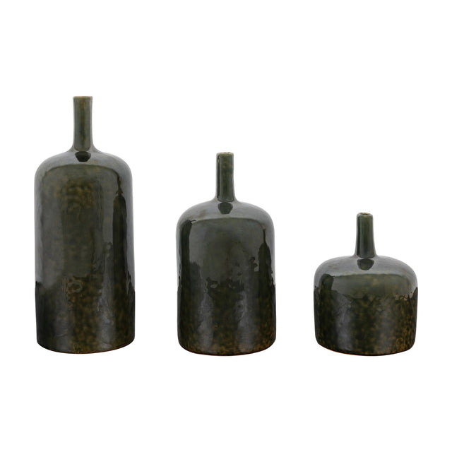 Gallery Direct Vorvane ceramic bottle vases set of 3 in graduated heights with green reactive glaze, glossy tops and speckled bases, on a white background.