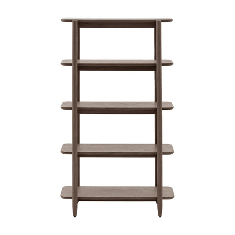 Gallery Direct Hatvenne low open display shelving unit in oak veneer with three tiers, tapered legs, and rounded edges, on a white background.